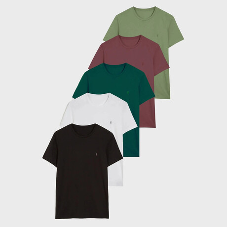 Set of 5 // Crewneck Regular Fit T-Shirts // Olive + Brick + Forest Green + White + Black (S)