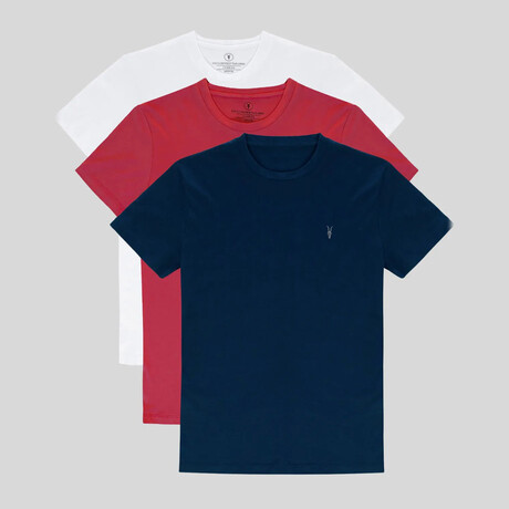 Set of 3 // Crewneck Regular Fit T-Shirts // White + Red + Navy (S)