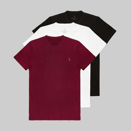 Set of 3 // Crewneck Regular Fit T-Shirts // Black + White + Burgundy (S)