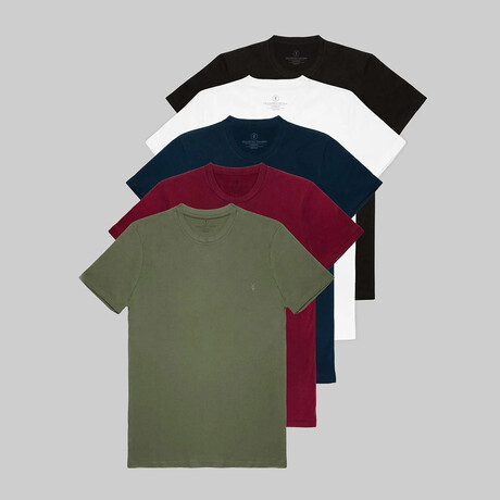 Set of 5 // Crewneck Regular Fit T-Shirts // Black + White + Navy + Burgundy + Olive (S)