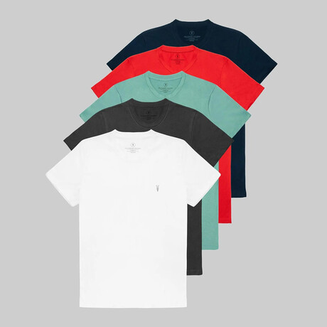 Set of 5 // Crewneck Regular Fit T-Shirts // Navy + Red + Turquoise + Dark Gray + White (S)