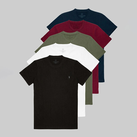 Set of 5 // Crewneck Regular Fit T-Shirts // Navy + Burgundy + Olive + White + Black (S)