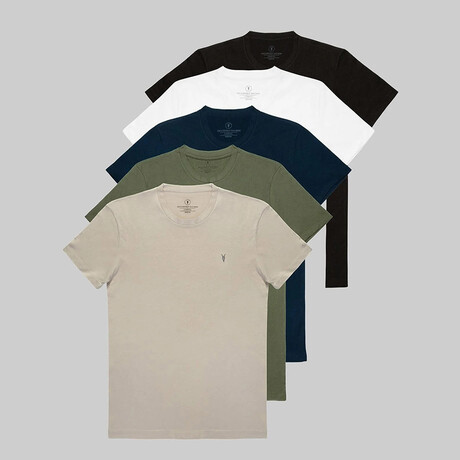 Set of 5 // Crewneck Regular Fit T-Shirts // Black + White + Navy + Olive + Beige (S)