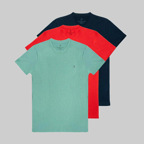 Set of 3 // Crewneck Regular Fit T-Shirts // Navy + Red + Turquoise (S)