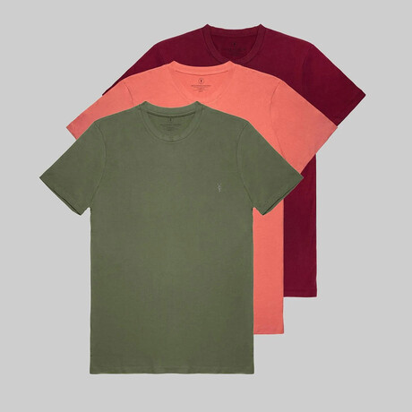 Set of 3 // Crewneck Regular Fit T-Shirts // Burgundy + Salmon + Olive (S)