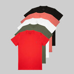 Set of 5 // Crewneck Regular Fit T-Shirts // Black + Salmon + White + Olive + Red (XL)