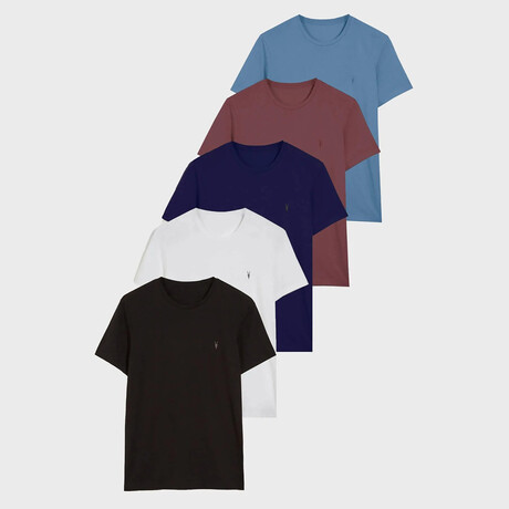 Set of 5 // Crewneck Regular Fit T-Shirts // Azure Blue + Brick + Indigo + White + Black (S)