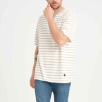 Envelope Collar Detailed Striped Oversize T-Shirt // Sand-Beige (L)