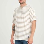 Envelope Collar Detailed Striped Oversize T-Shirt // Sand-Beige (L)