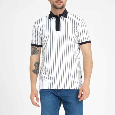 Premium Vertical Striped Polo Neck T-Shirt // Navy (S)