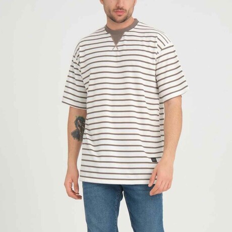 Envelope Collar Detailed Striped Oversize T-Shirt // Mink (S)