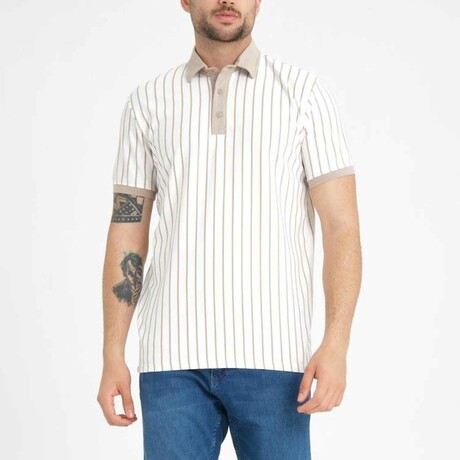 Premium Vertical Striped Polo Neck T-Shirt // Beige (S)