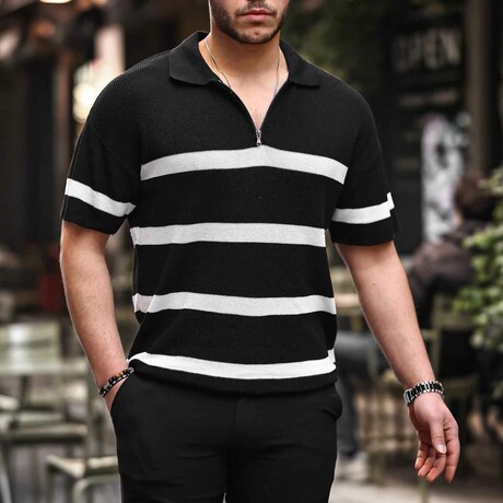 Half Zipper Striped Oversize Knitwear T-Shirt // Black (S)