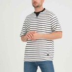 Envelope Collar Detailed Striped Oversize T-Shirt // Black (2XL)
