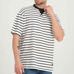 Envelope Collar Detailed Striped Oversize T-Shirt // Black (2XL)