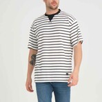 Envelope Collar Detailed Striped Oversize T-Shirt // Black (2XL)