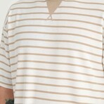 Envelope Collar Detailed Striped Oversize T-Shirt // Sand-Beige (L)