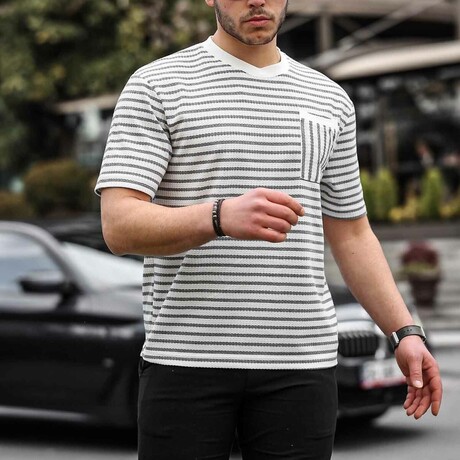 Crewneck Single Pocket Striped T-Shirt // Gray (S)