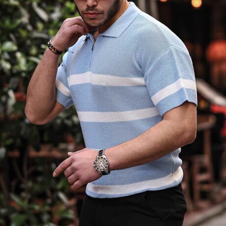 Half Zipper Striped Oversize Knitwear T-Shirt // Light Blue (S)