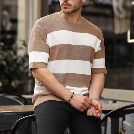 Oversize Striped Basic Knitwear T-Shirt // Beige (S)