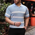 Half Zipper Striped Oversize Knitwear T-Shirt // Light Blue (XL)