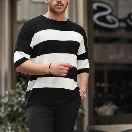 Oversize Striped Basic Knitwear T-Shirt // Black (S)
