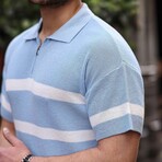 Half Zipper Striped Oversize Knitwear T-Shirt // Light Blue (XL)