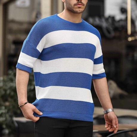 Oversize Striped Basic Knitwear T-Shirt // Indigo (S)