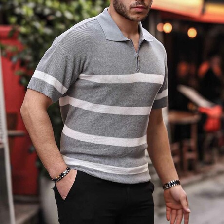 Half Zipper Striped Oversize Knitwear T-Shirt // Gray (S)