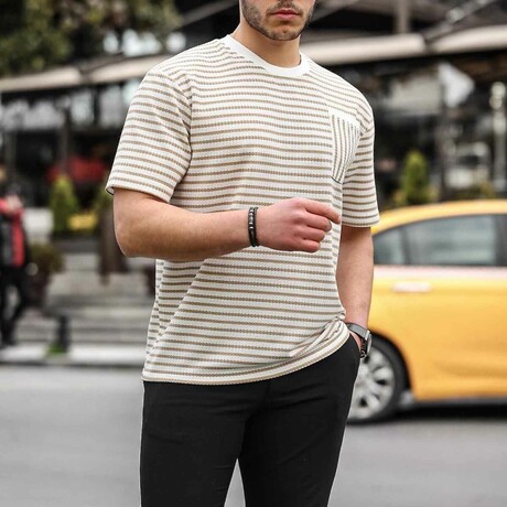 Crewneck Single Pocket Striped T-Shirt // Beige (S)