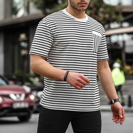 Crewneck Single Pocket Striped T-Shirt // Black (L)