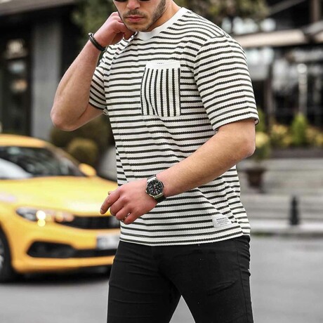 Crewneck Single Pocket Striped T-Shirt // Khaki (L)