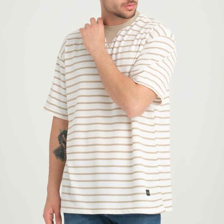 Envelope Collar Detailed Striped Oversize T-Shirt // Sand-Beige (S)