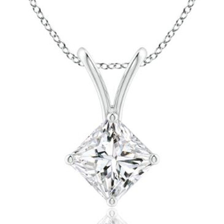 14K White Gold Princess Cut Earth-Mined Diamond Pendant Necklace // 18" // New