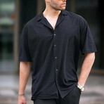 Textured Short Sleeve Oversize Button Up // Black (XL)