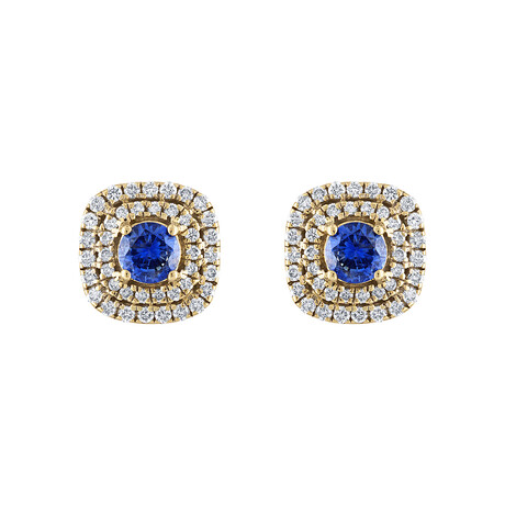 18K Yellow Gold Diamond + Blue Sapphire Earrings II // New