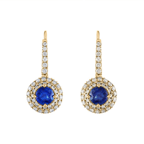 18K Yellow Gold Diamond + Blue Sapphire Earrings I // New