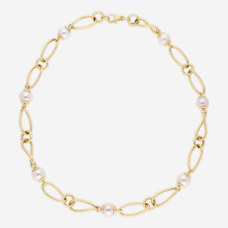 14K Yellow Gold Fresh Water Pearls + Twist Oval Link Necklace // 16" // New
