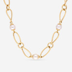 14K Yellow Gold Fresh Water Pearls + Twist Oval Link Necklace // 16" // New