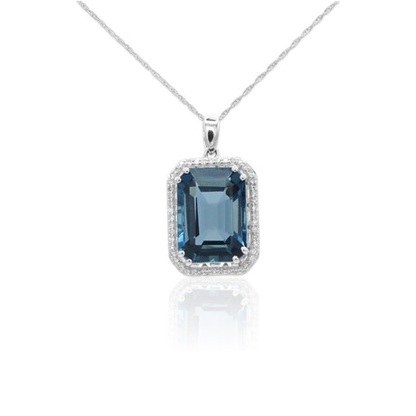 14K White Gold Blue Topaz + Diamond Pendant Necklace // 18" // New