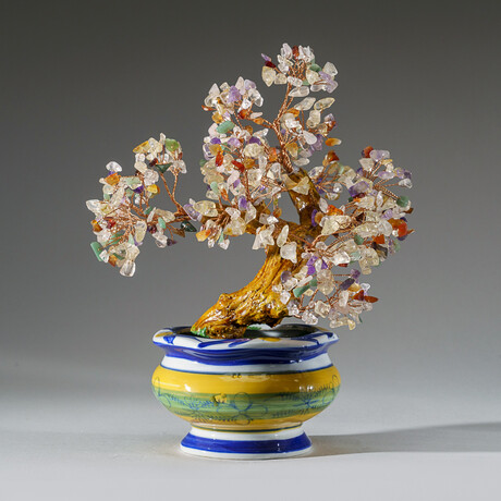 Genuine Multi Type Quartz Bonsai Tree in Round Ceramic Pot 8.5”