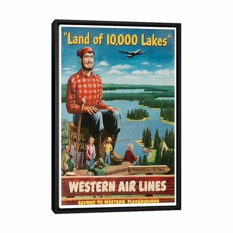 Minneapolis/St. Paul "Land Of 10,000 Lakes" - Western Airlines, Skyway To Western Playgrounds by Unknown Artist (26"H x 18"W x 1.5"D)