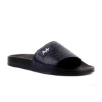 Men's Leather Slippers // Croco Pattern // Navy Blue (Euro: 45)