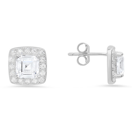 Sterling Silver Asscher-cut Diamond CZ Halo Stud Earrings (Silver)