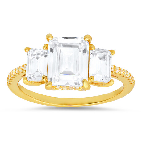 14k Gold Over Silver 3-Stone Emerald-cut Diamond CZ Ring (6)