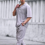 Striped Button Up Shirt & Trousers Set // Gray (M)