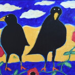 Pair Black Crows Portrait Oil Painting