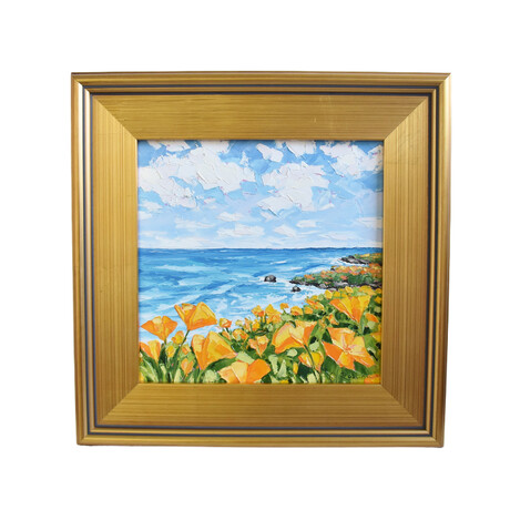 California Poppies & Blue Ocean Seascape Painting