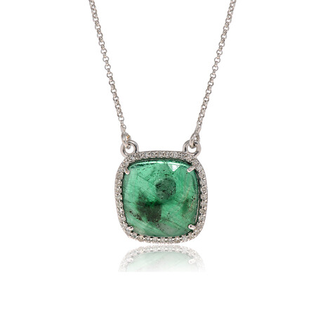 18K White Gold Emerald + Diamond Pendant Necklace // 16" // New
