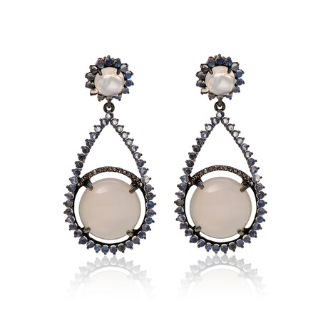 Sterling Silver White Moonstone + Diamond Drop Earrings // New